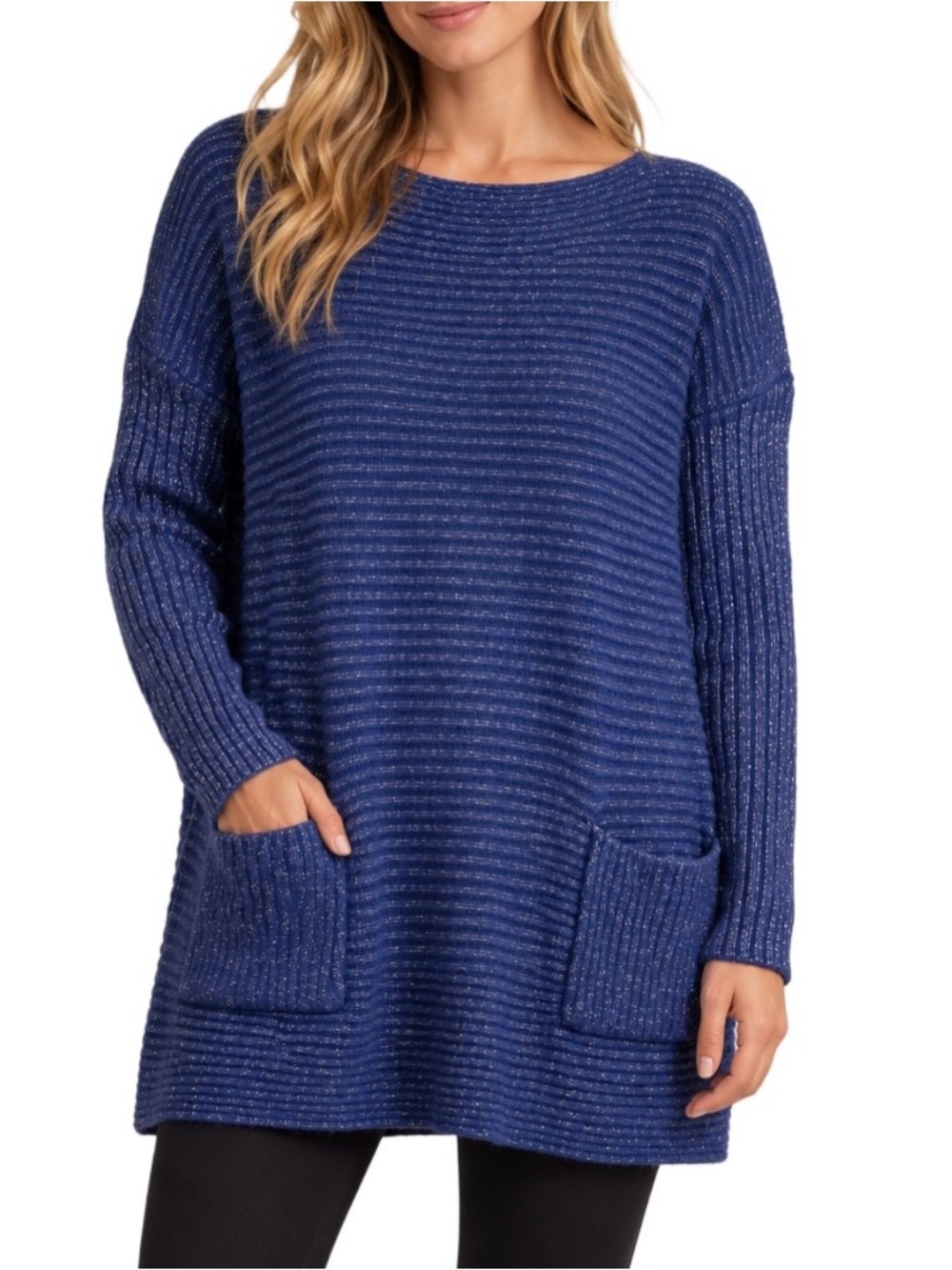 Royal blue metallic Ribbed Pocket pullover oversized knit Sweater size small